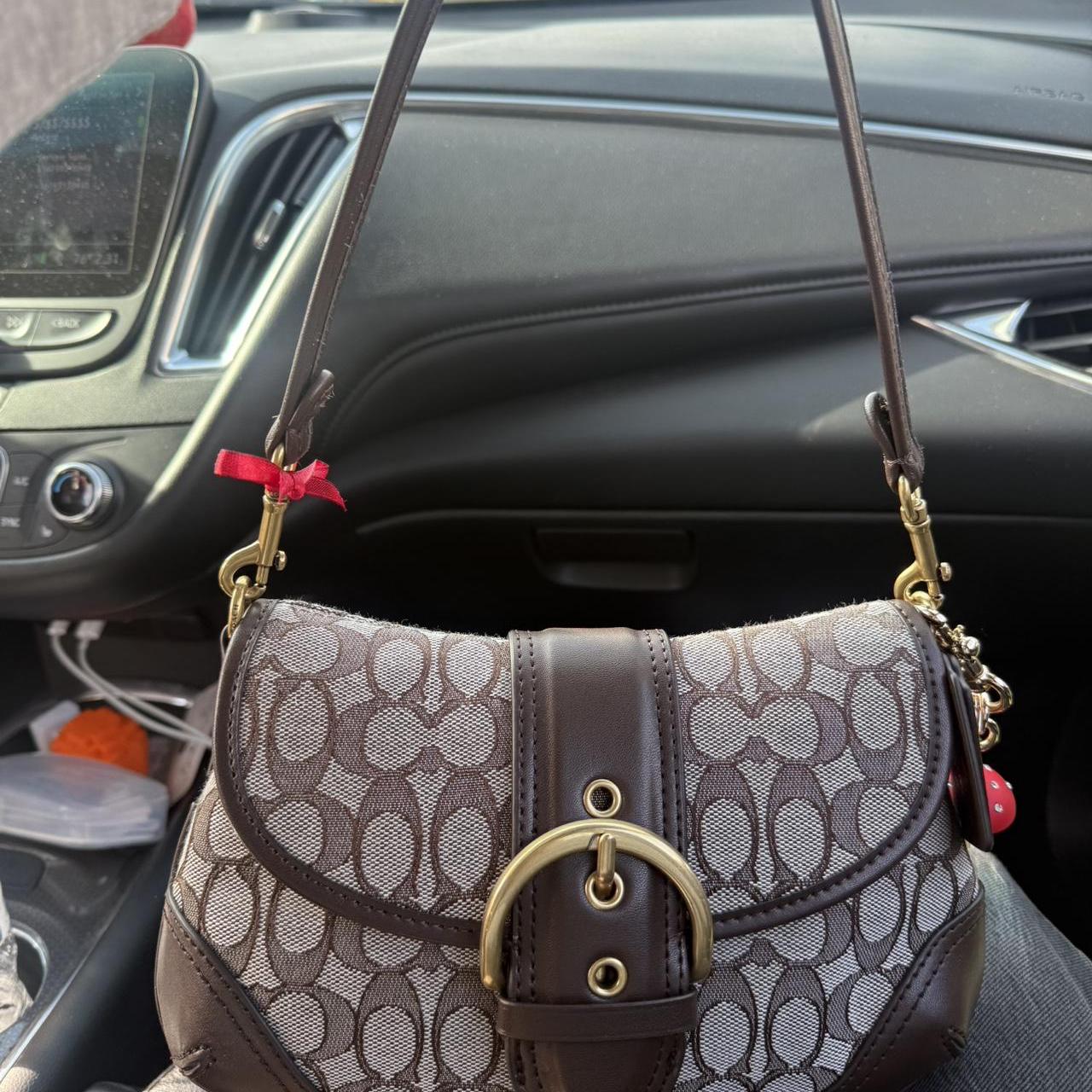 Soho Signature Jacquard top handle shoulder bag, brown color