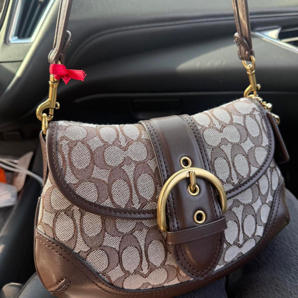 Soho Signature Jacquard top handle shoulder bag, brown color