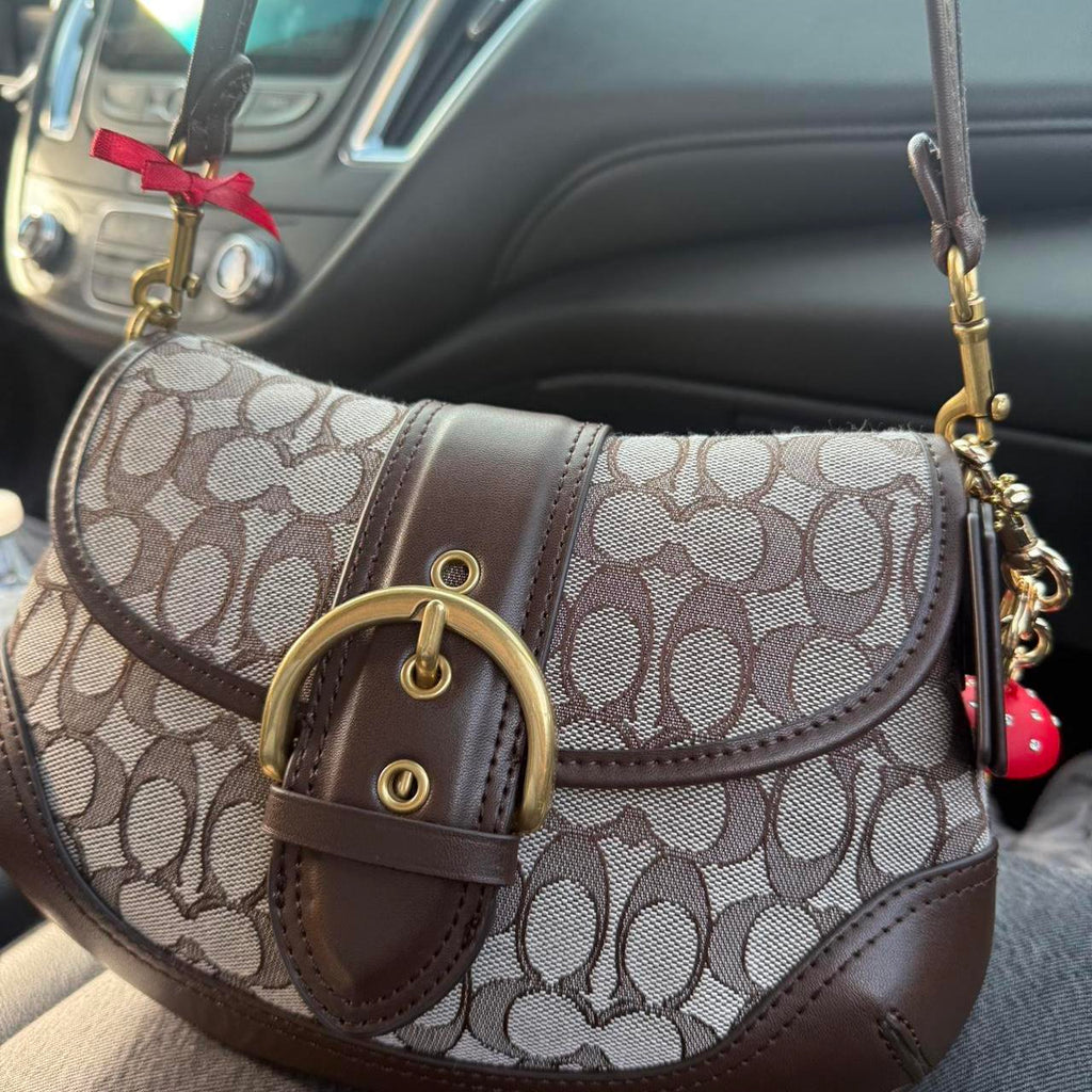 Soho Signature Jacquard top handle shoulder bag, brown color