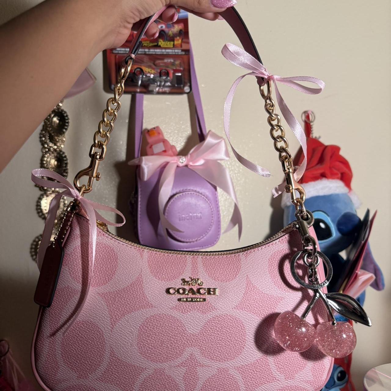 Pink Coach monogram mini shoulder bag with gold chain