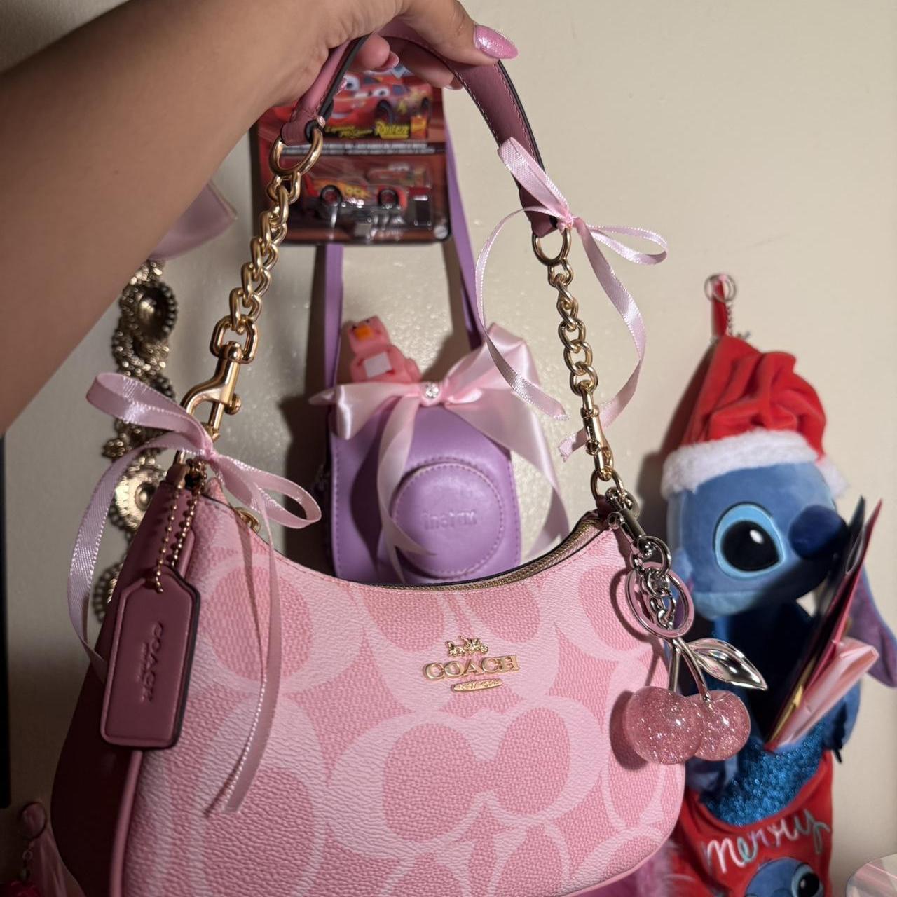 Pink Coach monogram mini shoulder bag with gold chain