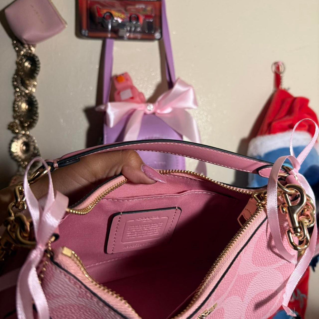 Pink Coach monogram mini shoulder bag with gold chain