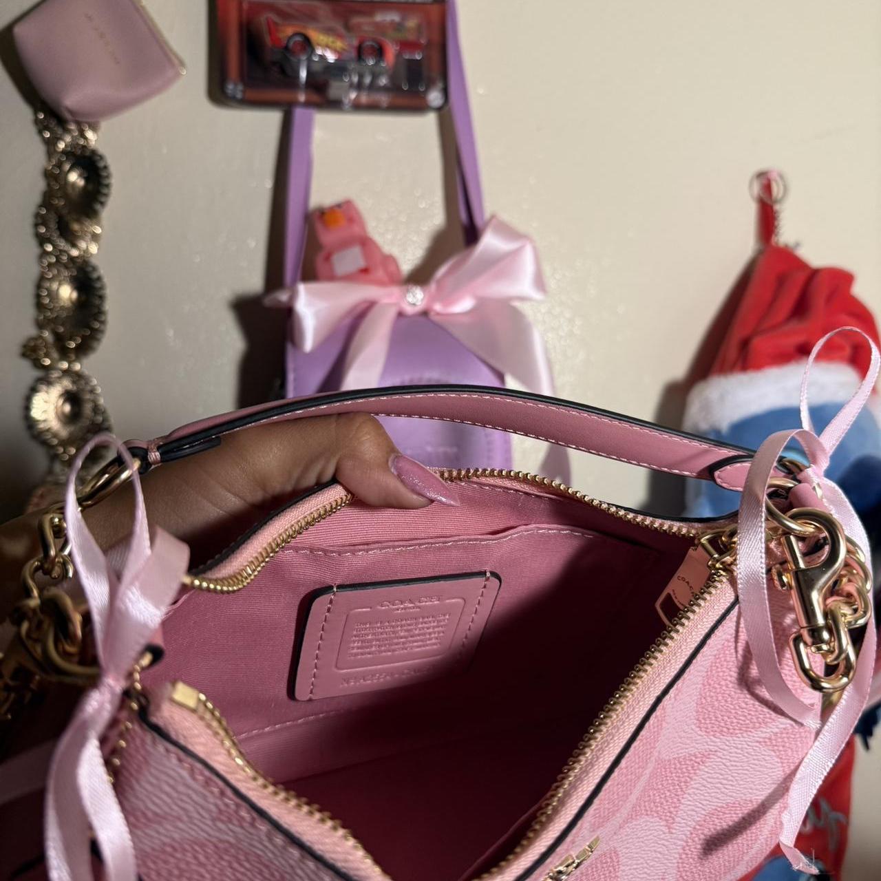 Pink Coach monogram mini shoulder bag with gold chain