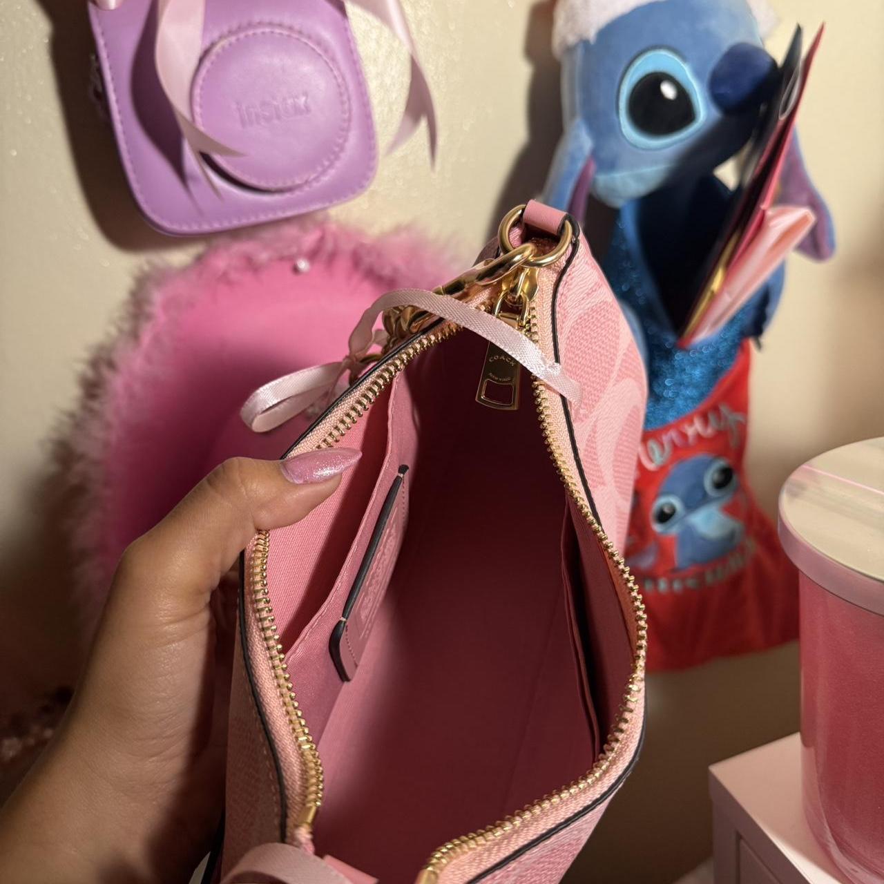 Pink Coach monogram mini shoulder bag with gold chain