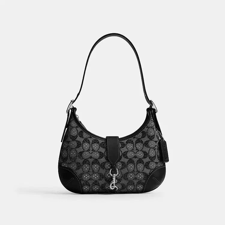 Coach Hamptons Hobo Bag In Crystal Signature Jacquard Silver Black - New