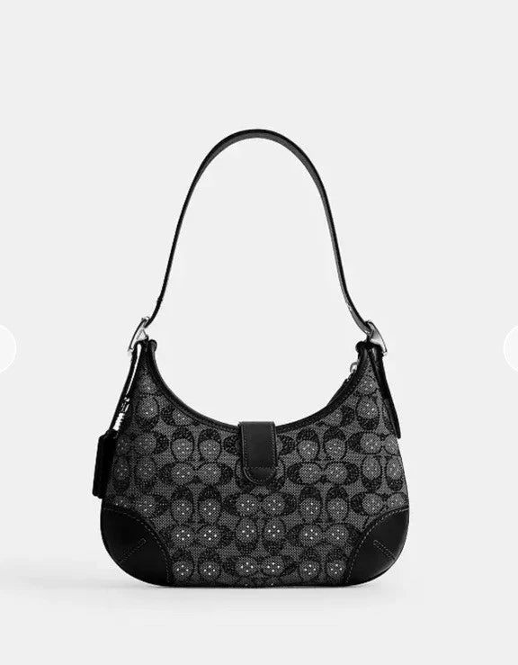 Coach Hamptons Hobo Bag In Crystal Signature Jacquard Silver Black - New