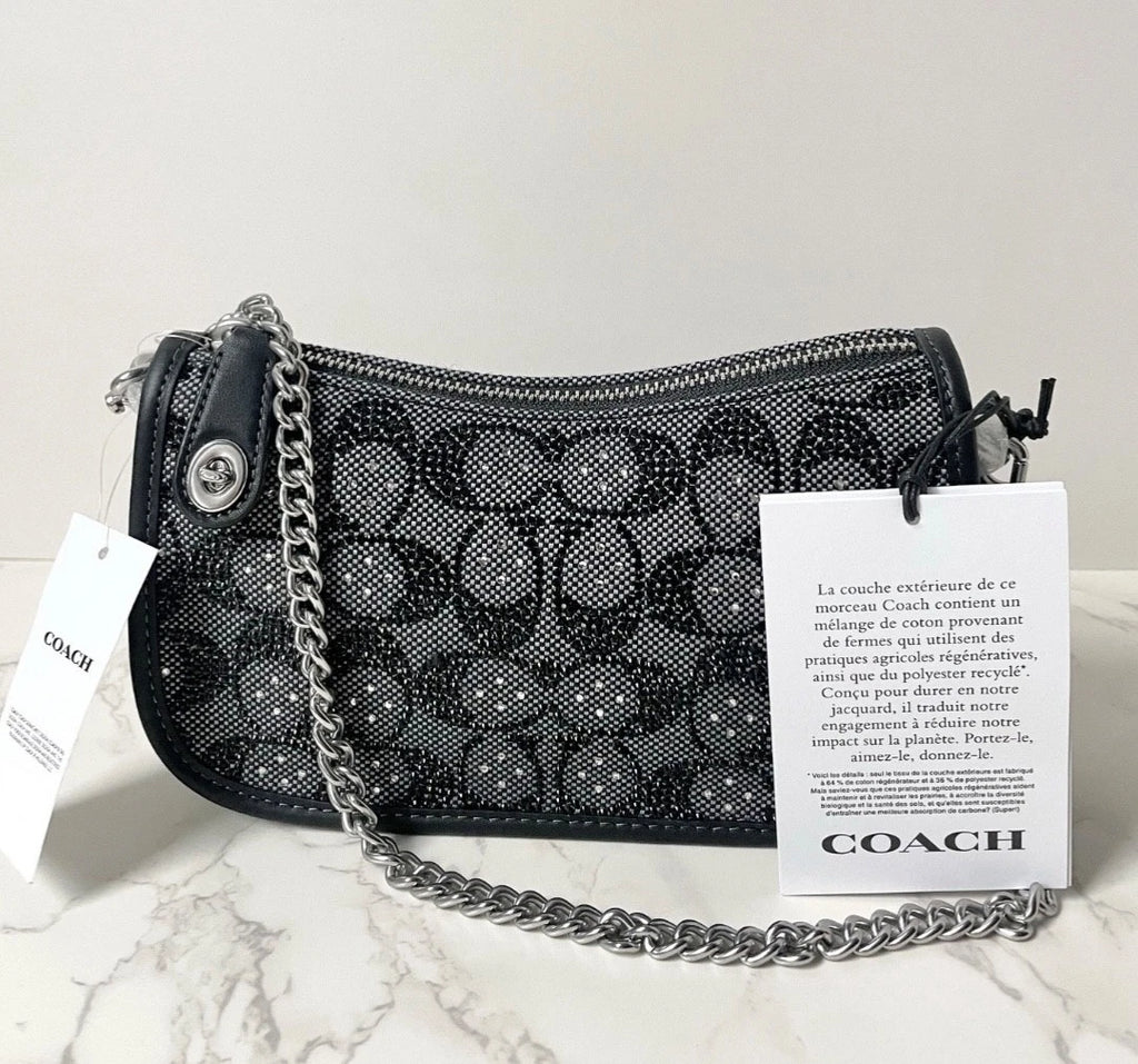 COACH Swinger 20 Crystal Signature Jacquard & Leather Shoulder Bag Black