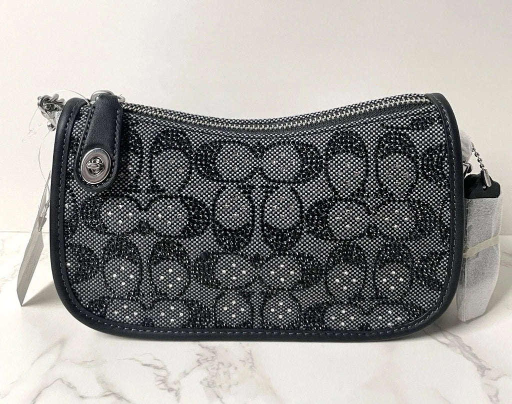 COACH Swinger 20 Crystal Signature Jacquard & Leather Shoulder Bag Black