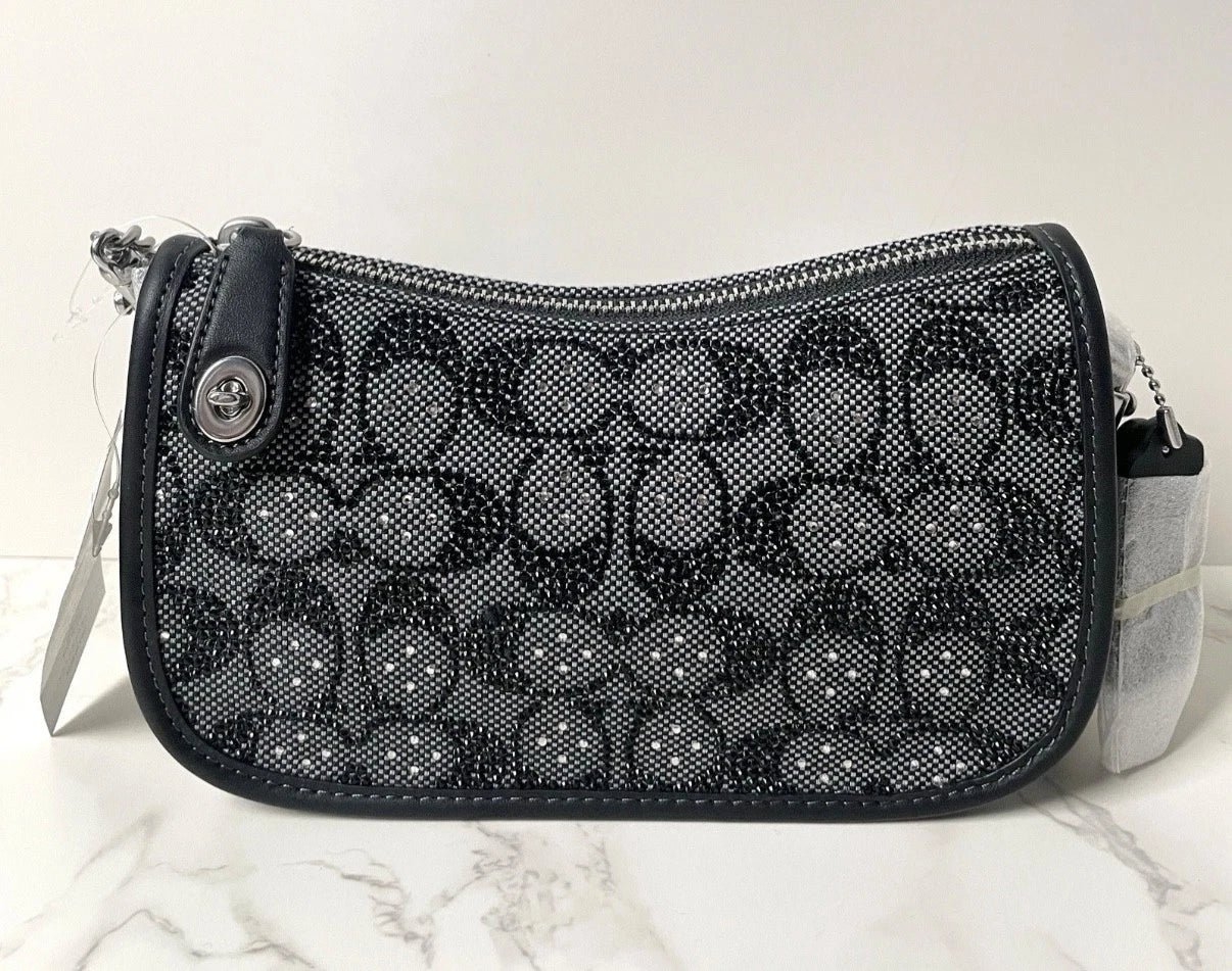 COACH Swinger 20 Crystal Signature Jacquard & Leather Shoulder Bag Black